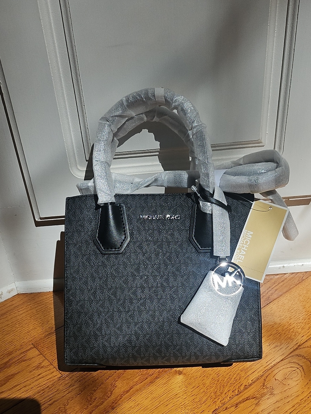 Michael Kors Black Logo-Print Satchel with MK Charm